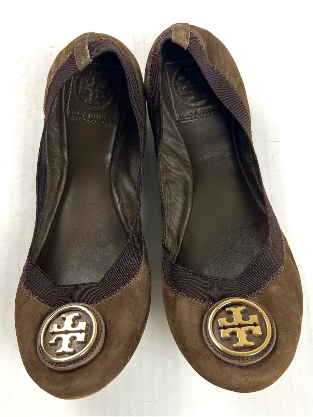 Tory Burch Brown Suede Logo Ballet Flats with Gold Emblem